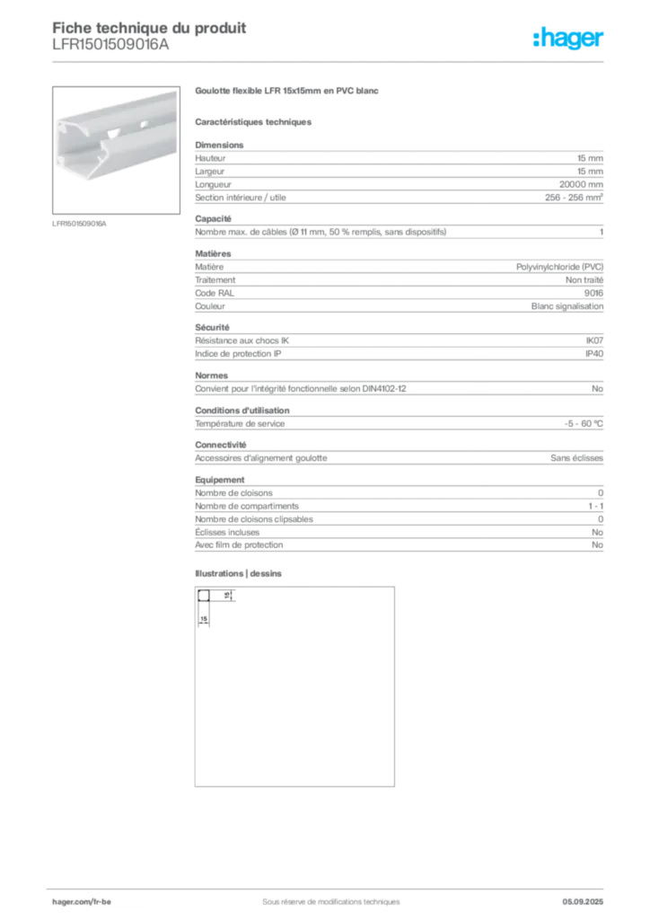 Image Hager Fiche technique du produit LFR1501509016A | Hager Belgique