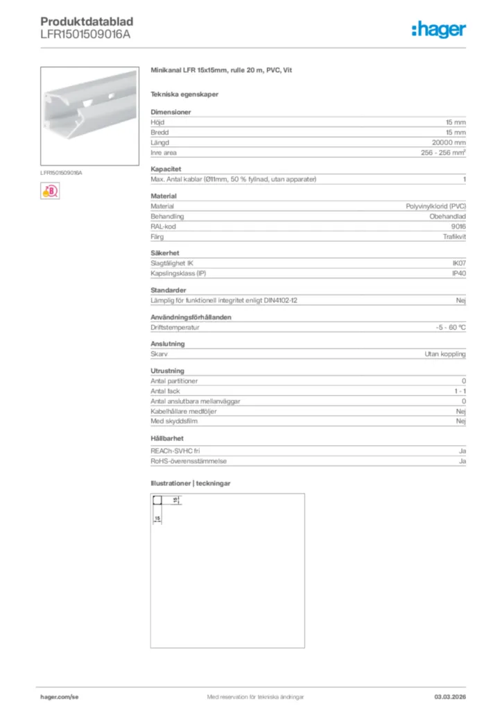 Bild Hager Produktdatablad LFR1501509016A | Hager Sverige