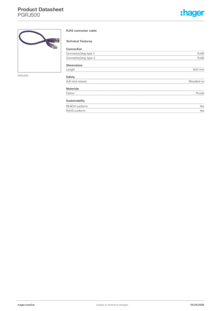 Image Hager Product data sheet PGRJ500  | Hager