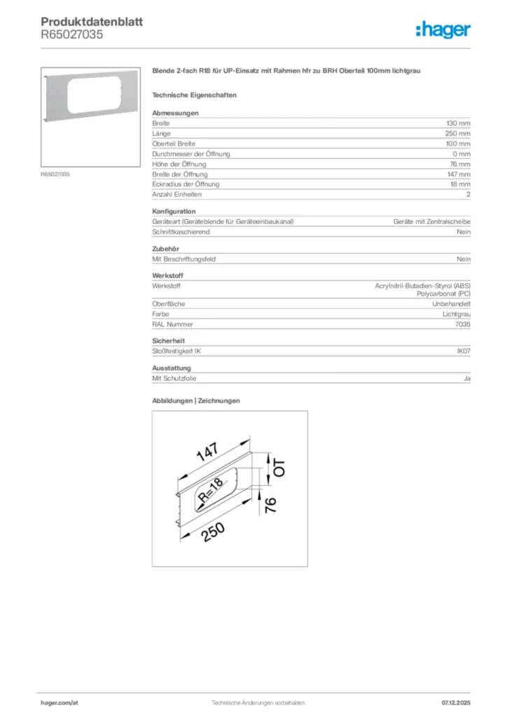 Bild Hager Produktdatenblatt R65027035 | Hager Deutschland