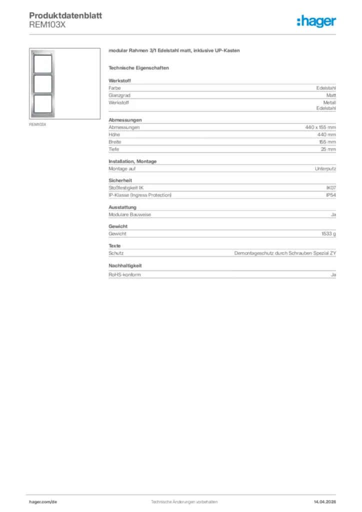 Bild Hager Produktdatenblatt REM103X | Hager Deutschland