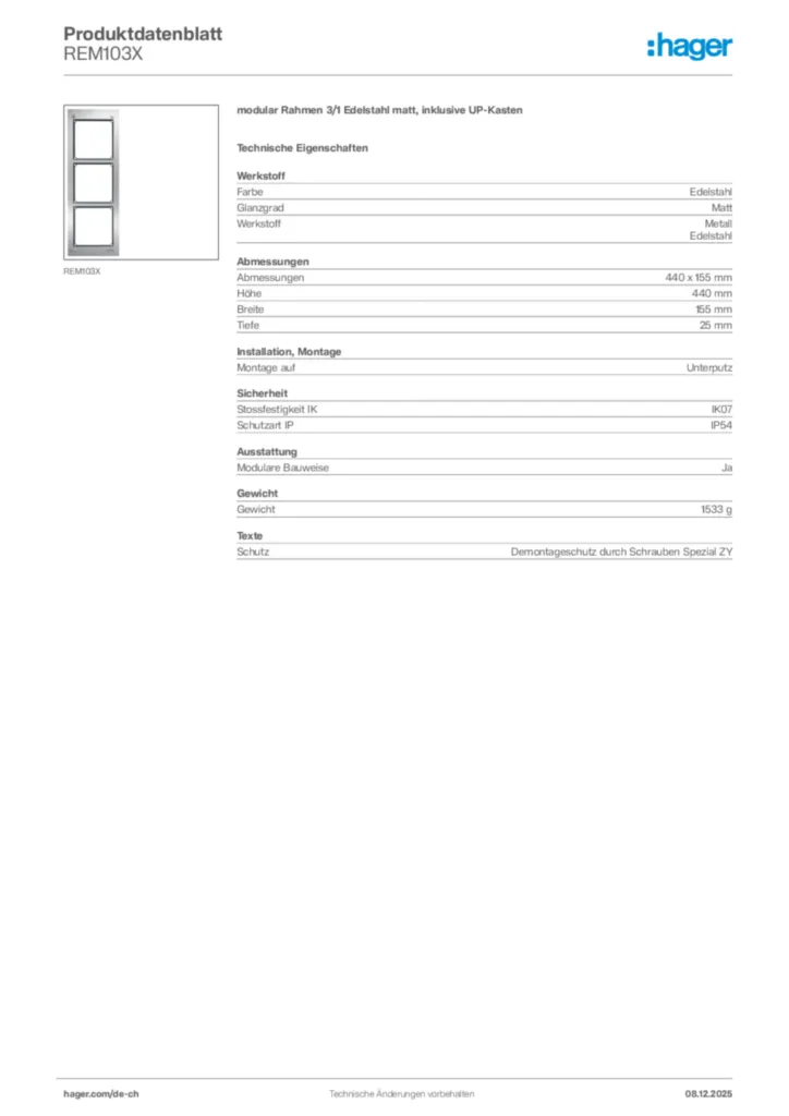 Bild Hager Produktdatenblatt REM103X | Hager Schweiz