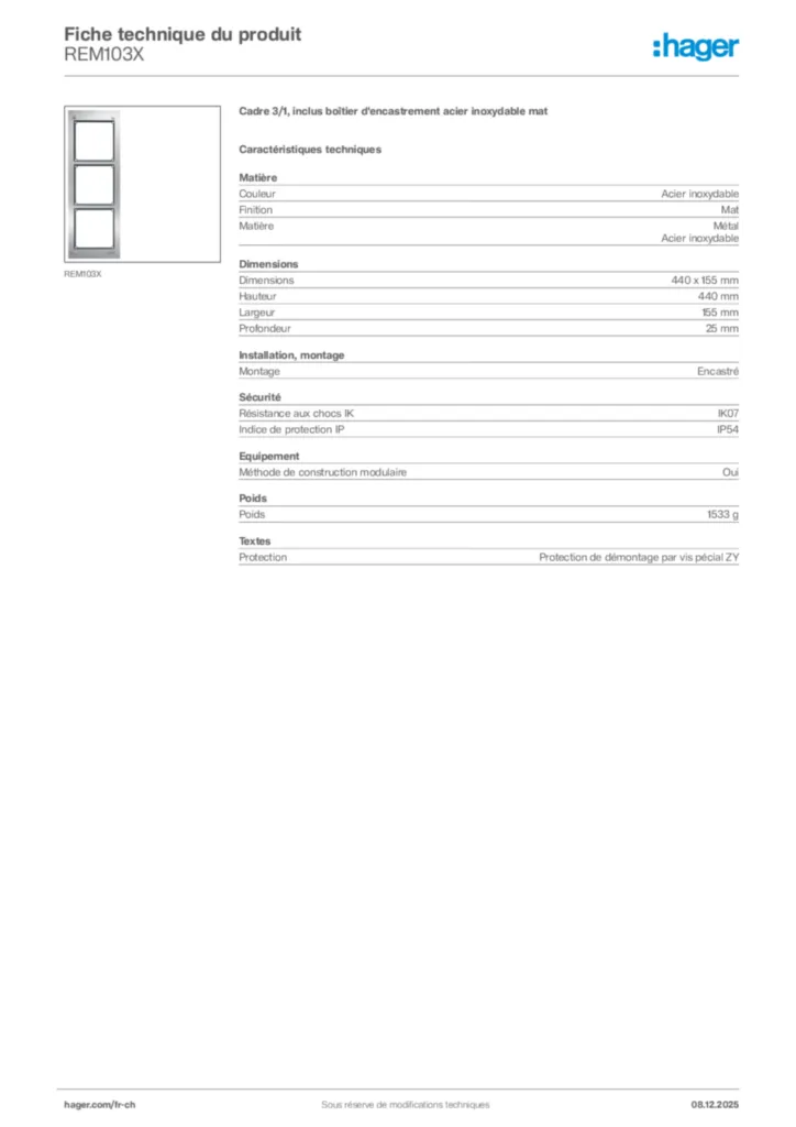 Image Hager Fiche technique du produit REM103X | Hager Suisse