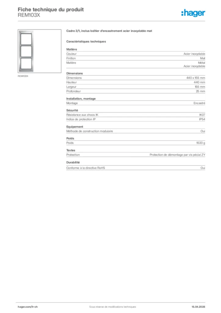 Image Hager Fiche technique du produit REM103X | Hager Suisse
