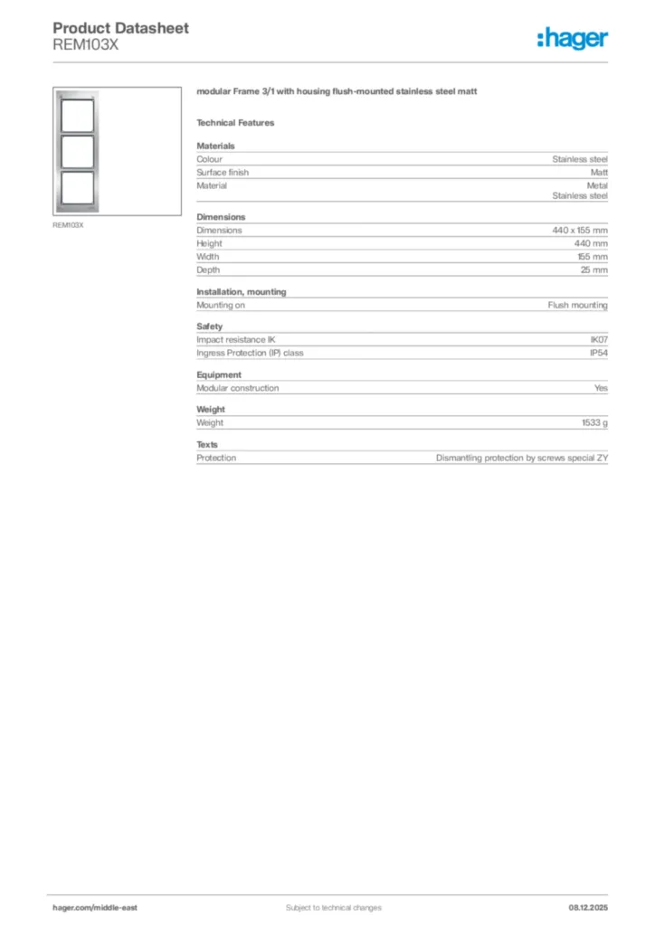 Image Hager Product data sheet REM103X  | Hager