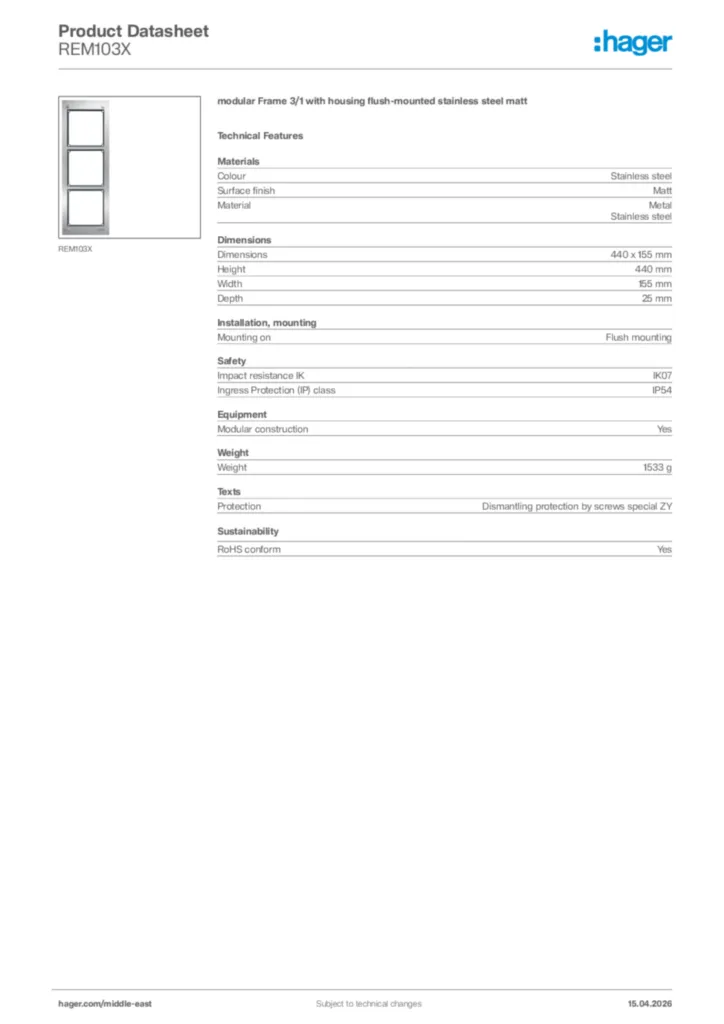 Image Hager Product data sheet REM103X  | Hager