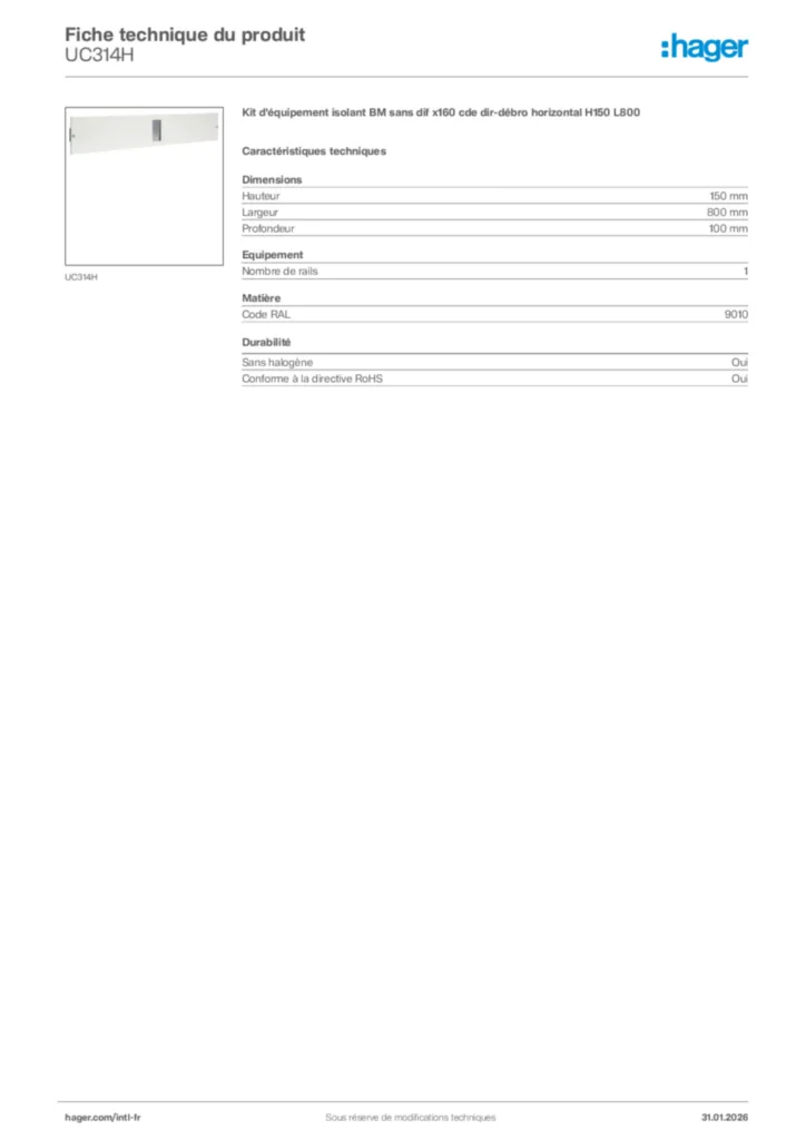 Image Hager Fiche technique du produit UC314H | Hager Afrique