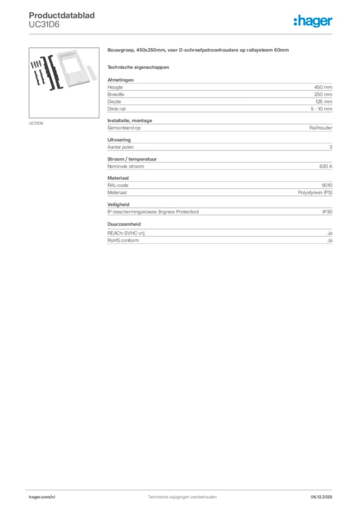 Afbeelding Hager Productdatablad UC31D6 | Hager Nederland