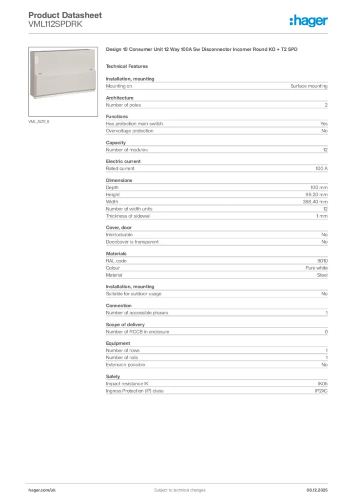 Image Hager Product data sheet VML112SPDRK  | Hager