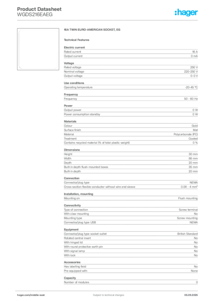 Image Hager Product data sheet WGDS216EAEG  | Hager