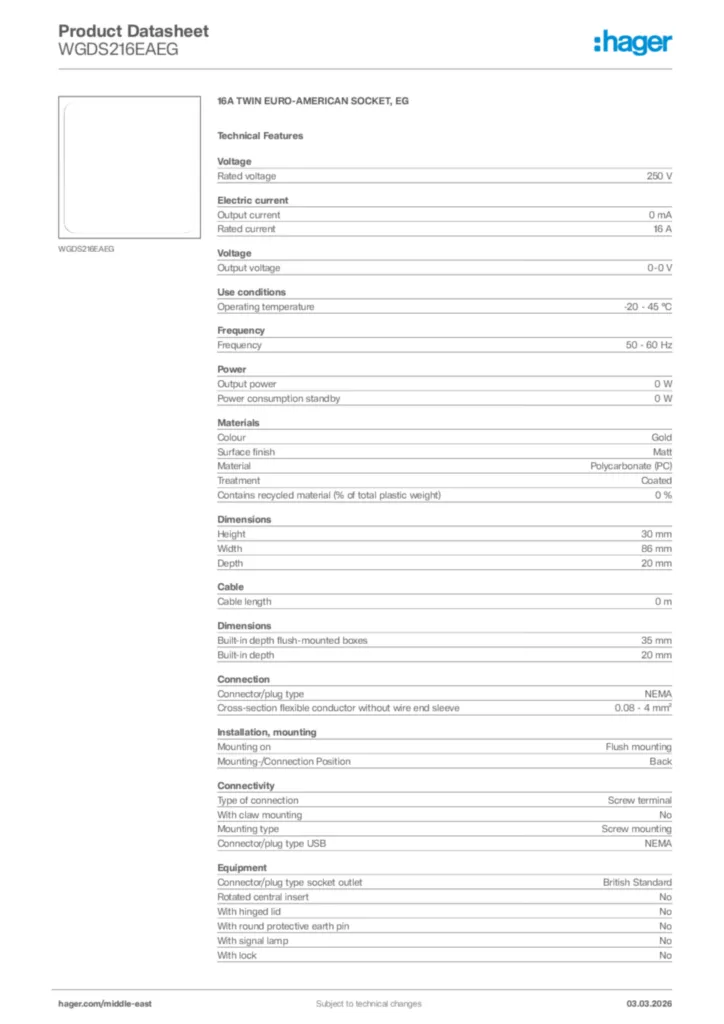 Image Hager Product data sheet WGDS216EAEG  | Hager