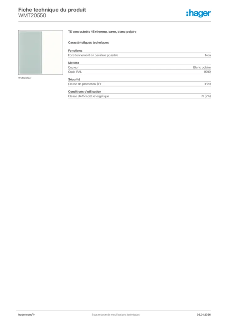 Image Hager Fiche technique du produit WMT20550 | Hager France