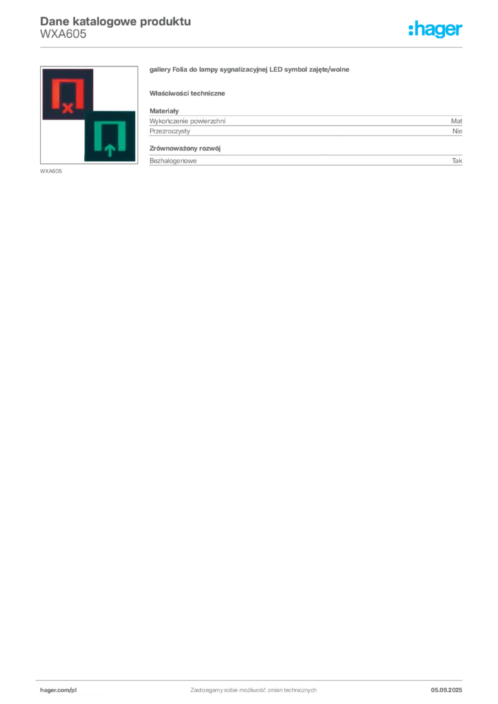 Zdjęcie Hager Dane katalogowe produktu WXA605 | Hager Polska