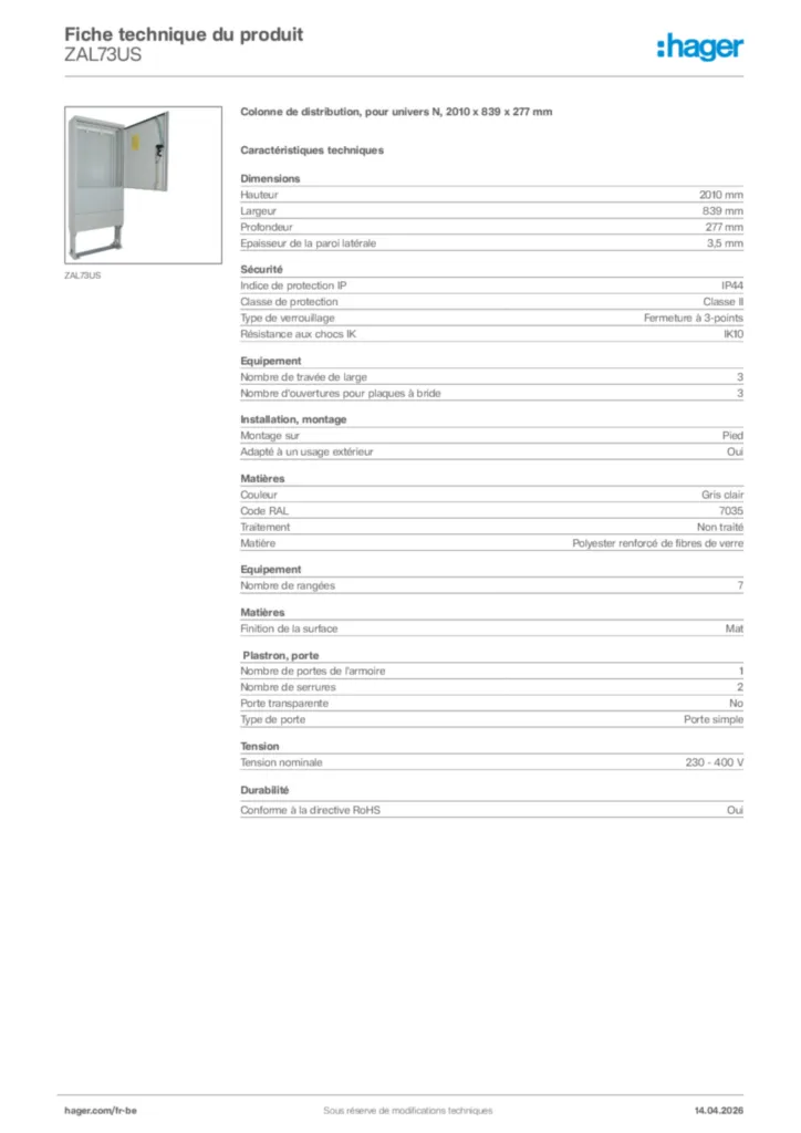 Image Hager Fiche technique du produit ZAL73US | Hager Belgique