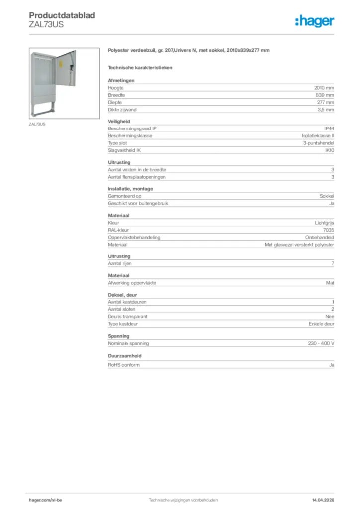 Afbeelding Hager Productdatablad ZAL73US | Hager Belgium
