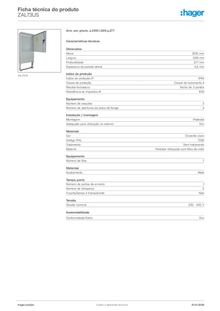 Imagem Hager Ficha técnica do produto ZAL73US | Hager Portugal