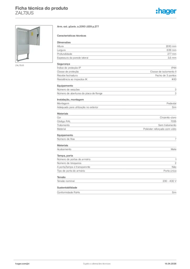 Imagem Hager Ficha técnica do produto ZAL73US | Hager Portugal