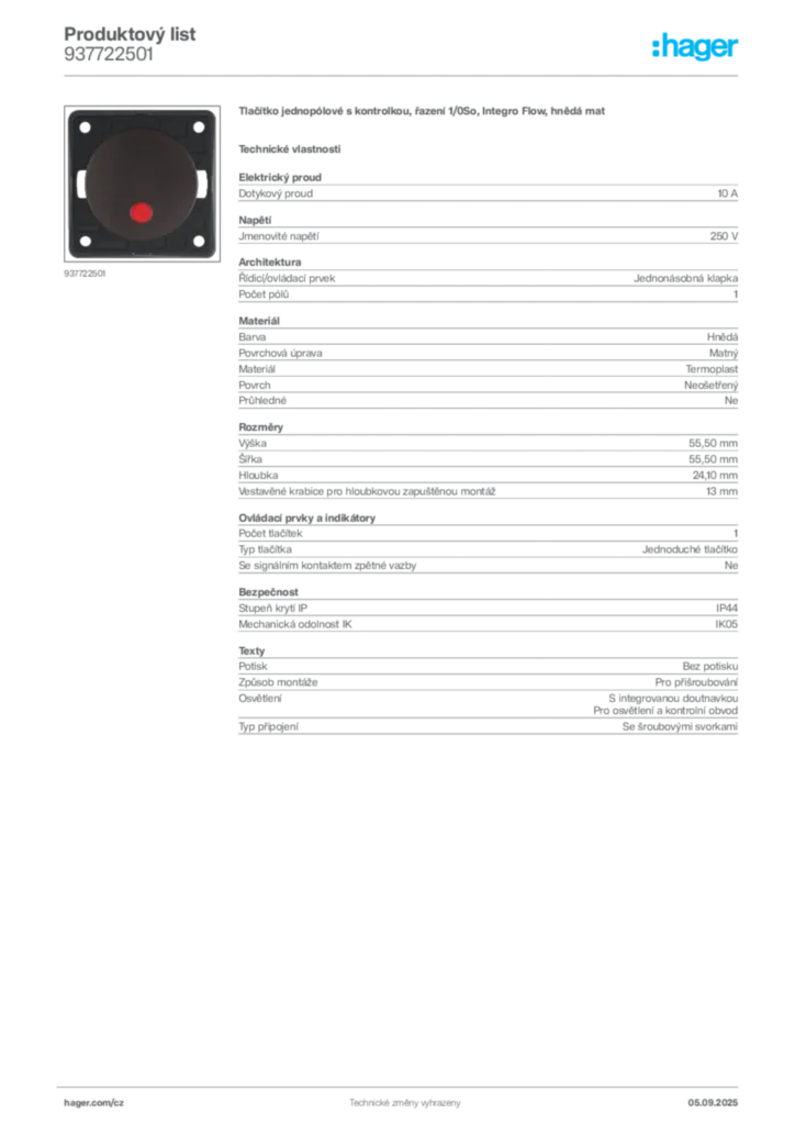 Obrázek Hager Produktový list 937722501 | Hager