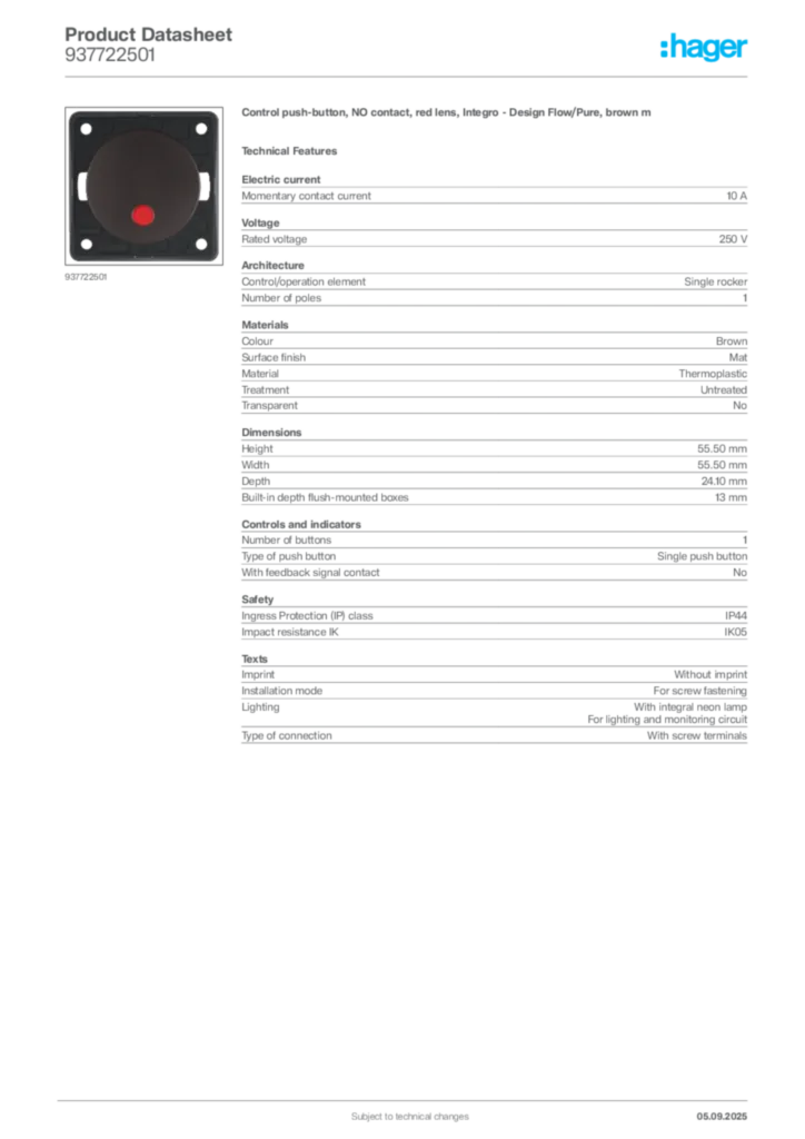 Image Hager Product data sheet 937722501  | Hager