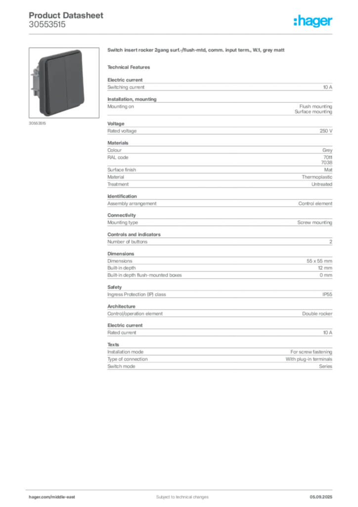 Image Hager Product data sheet 30553515  | Hager