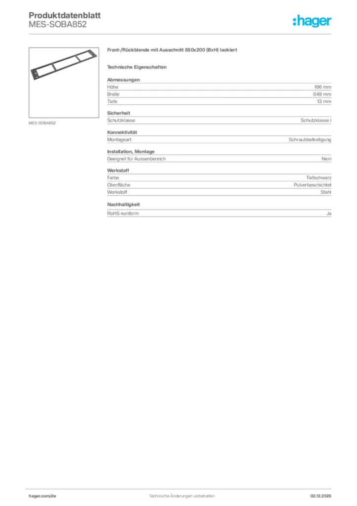 Bild Hager Produktdatenblatt MES-SOBA852 | Hager Deutschland