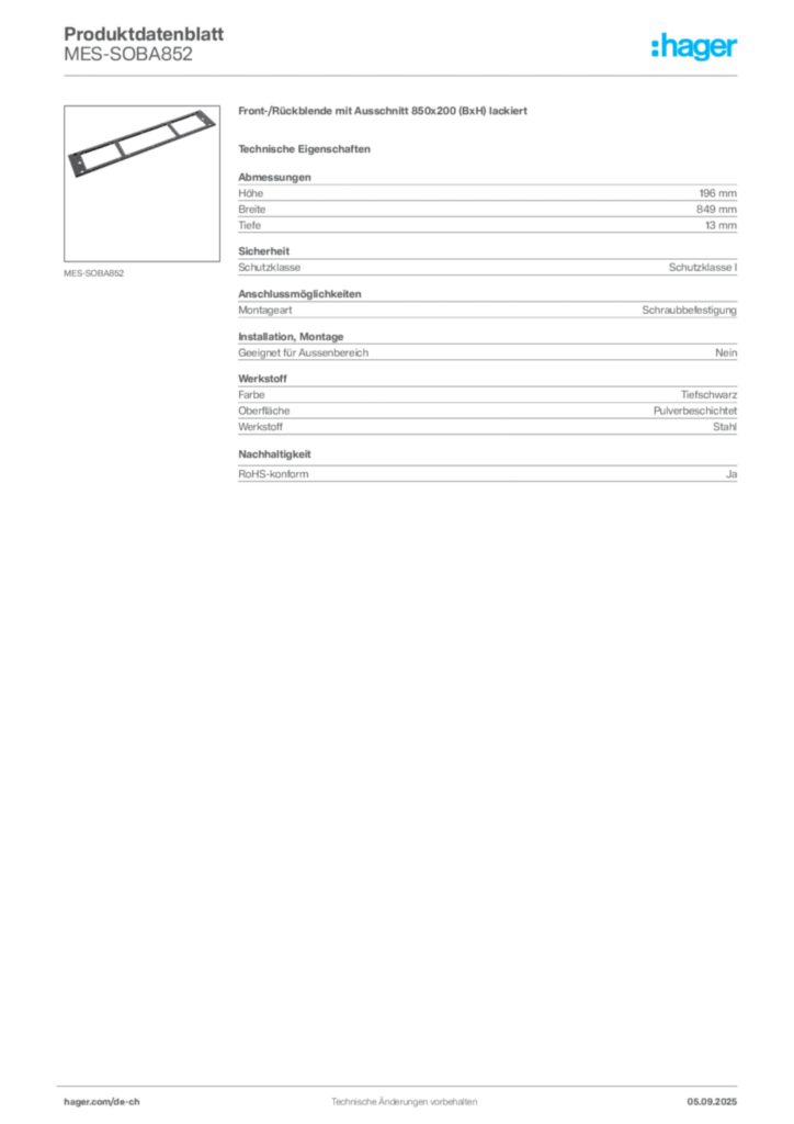 Bild Hager Produktdatenblatt MES-SOBA852 | Hager Schweiz
