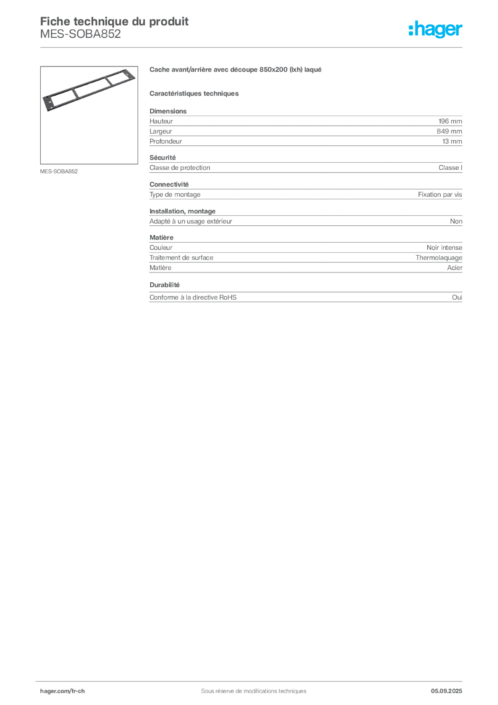 Image Hager Fiche technique du produit MES-SOBA852 | Hager Suisse