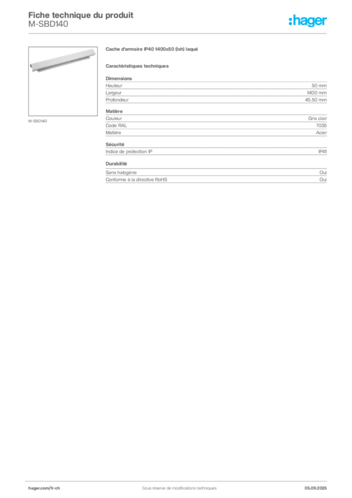 Image Hager Fiche technique du produit M-SBD140 | Hager Suisse