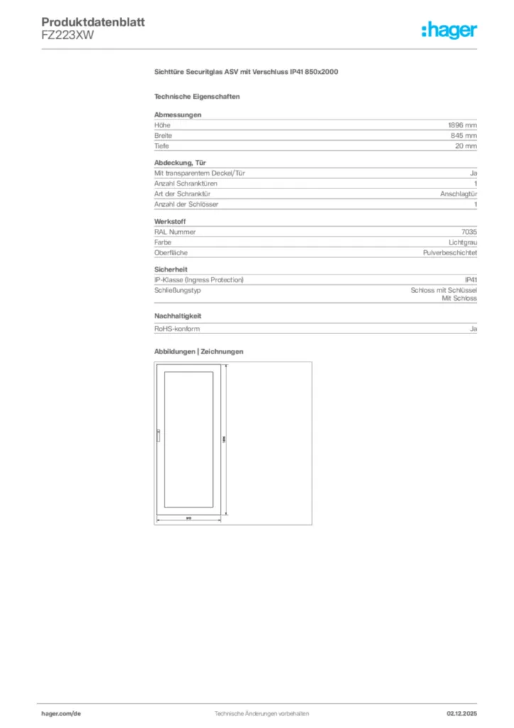 Bild Hager Produktdatenblatt FZ223XW | Hager Deutschland