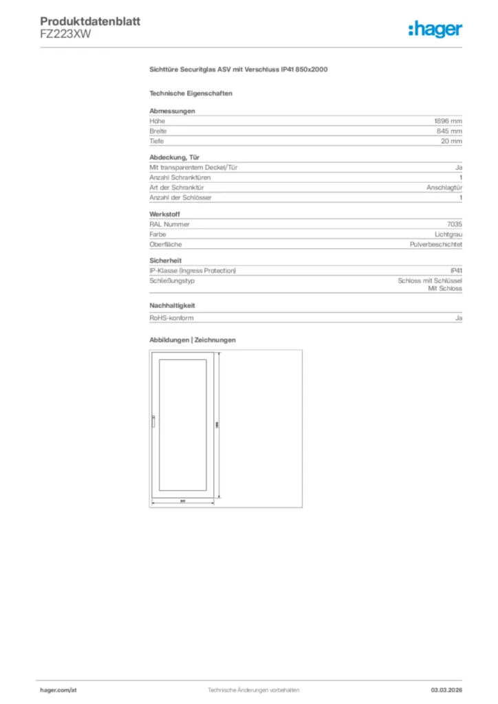 Bild Hager Produktdatenblatt FZ223XW | Hager Deutschland