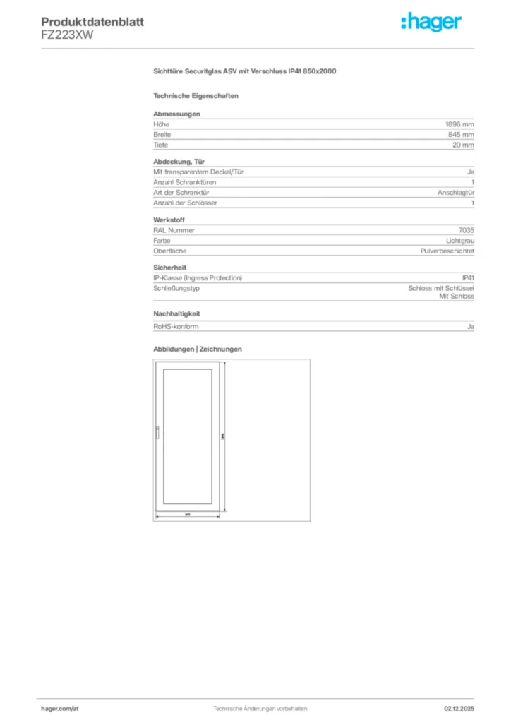 Bild Hager Produktdatenblatt FZ223XW | Hager Deutschland