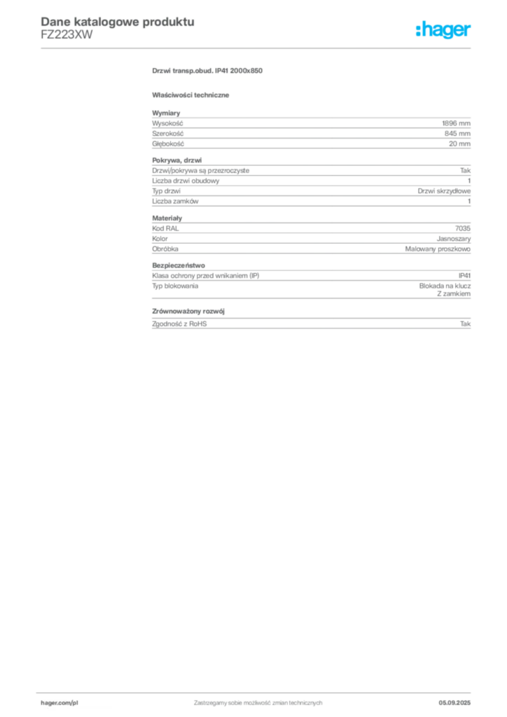 Zdjęcie Hager Dane katalogowe produktu FZ223XW | Hager Polska