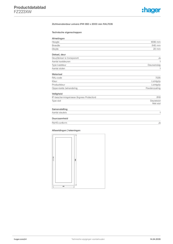 Afbeelding Hager Productdatablad FZ223XW | Hager Nederland