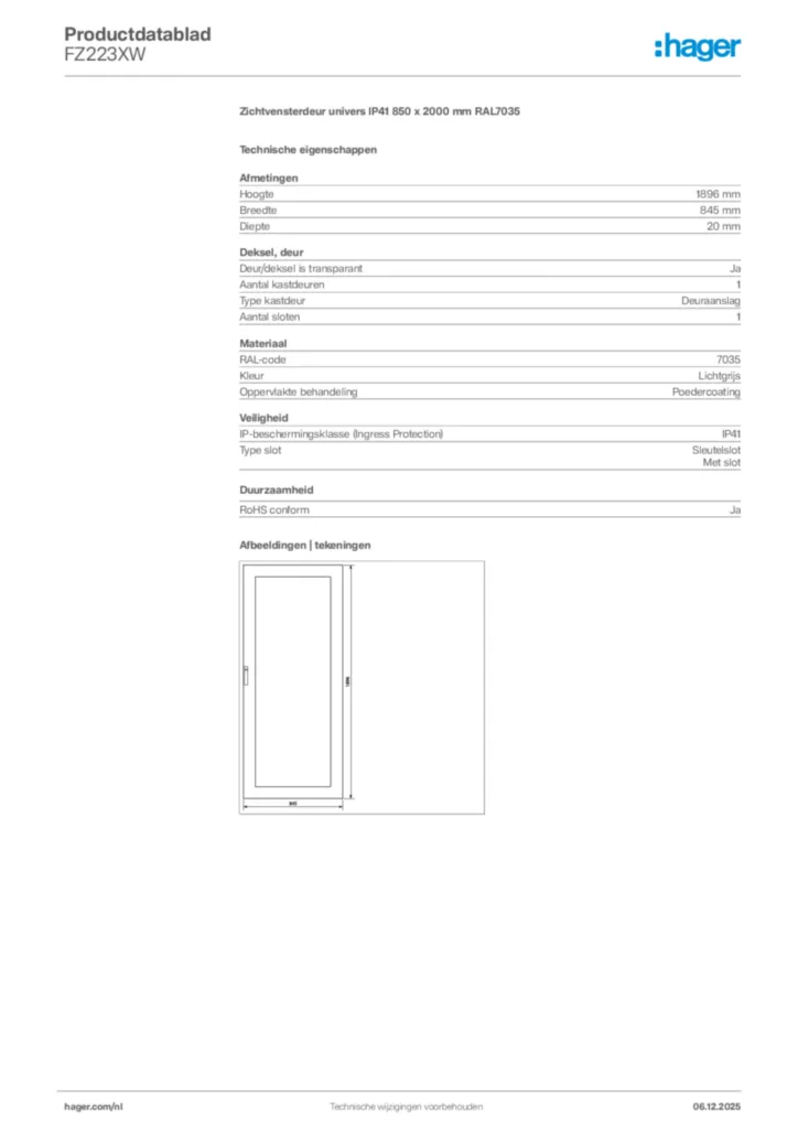 Afbeelding Hager Productdatablad FZ223XW | Hager Nederland