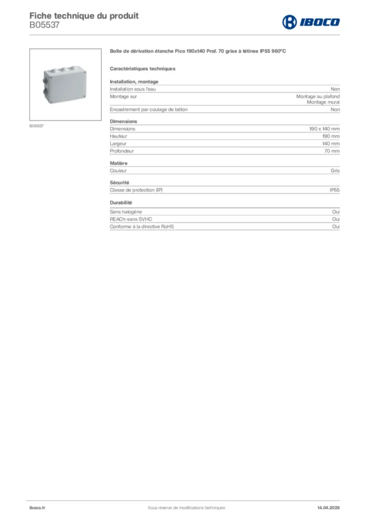 Image Iboco Fiche technique du produit B05537 | Hager France