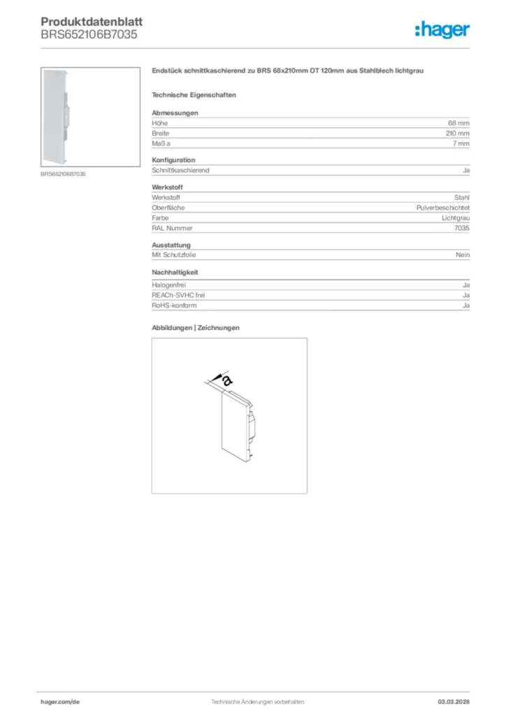 Bild Hager Produktdatenblatt BRS652106B7035 | Hager Deutschland