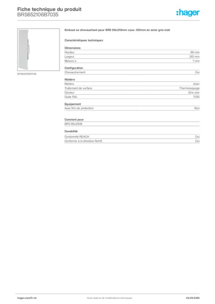 Image Hager Fiche technique du produit BRS652106B7035 | Hager Suisse