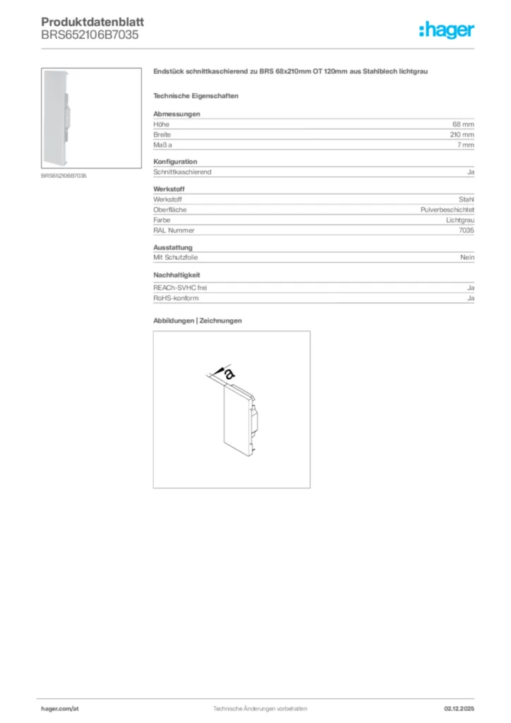 Bild Hager Produktdatenblatt BRS652106B7035 | Hager Deutschland