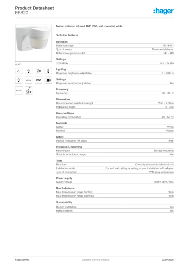 Image Hager Product data sheet EE820  | Hager Australia