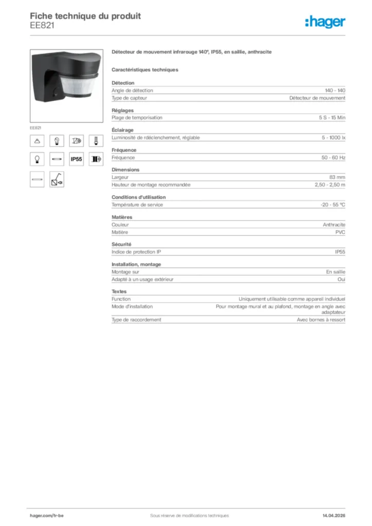 Image Hager Fiche technique du produit EE821 | Hager Belgique