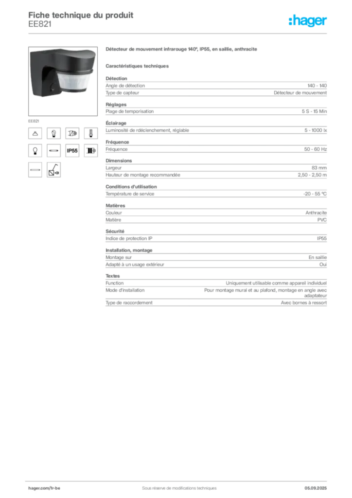 Image Hager Fiche technique du produit EE821 | Hager Belgique