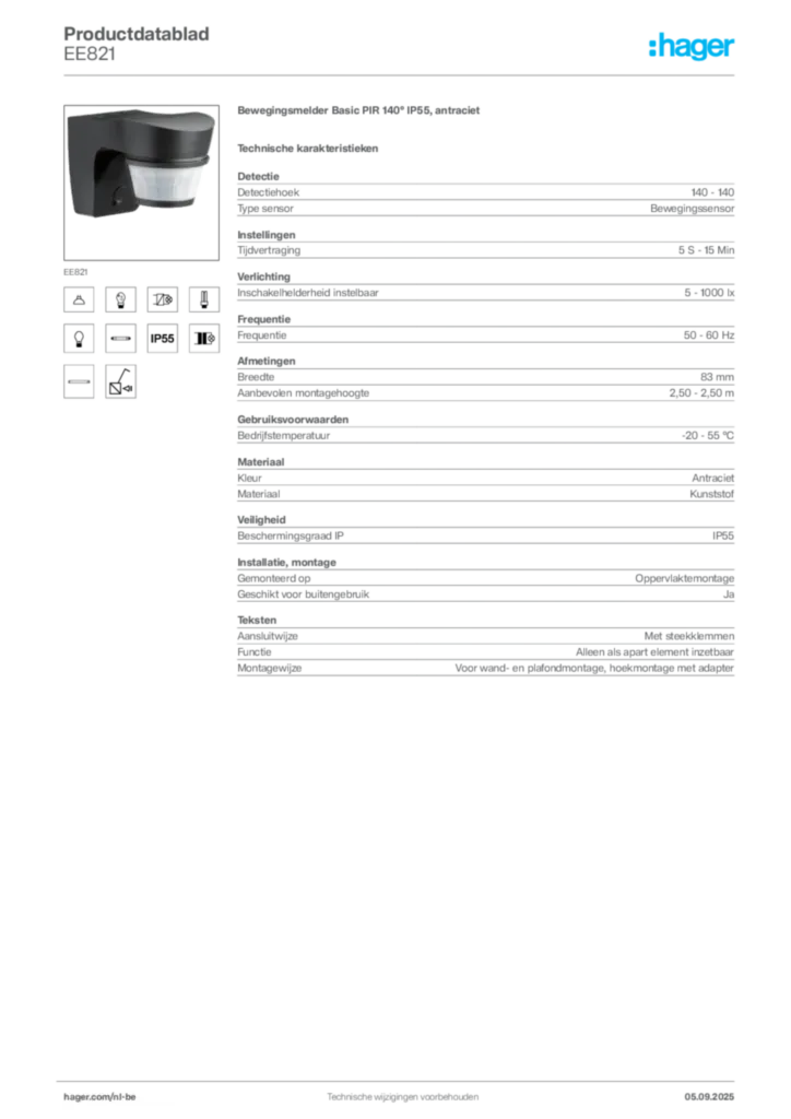 Afbeelding Hager Productdatablad EE821 | Hager Belgium
