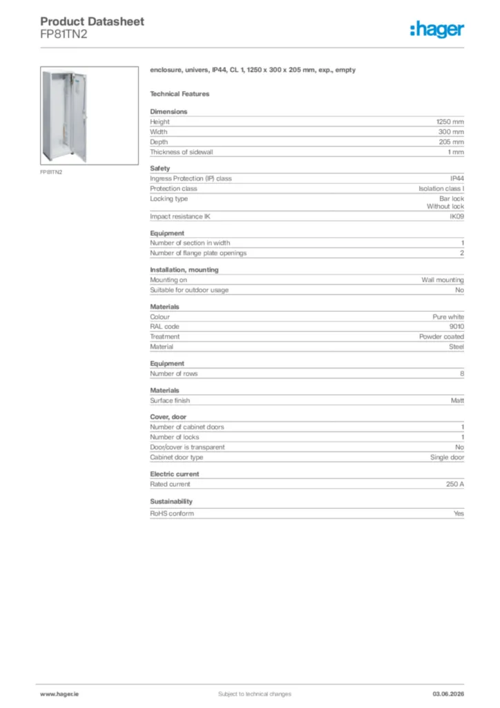 Image Hager Product data sheet FP81TN2  | Hager