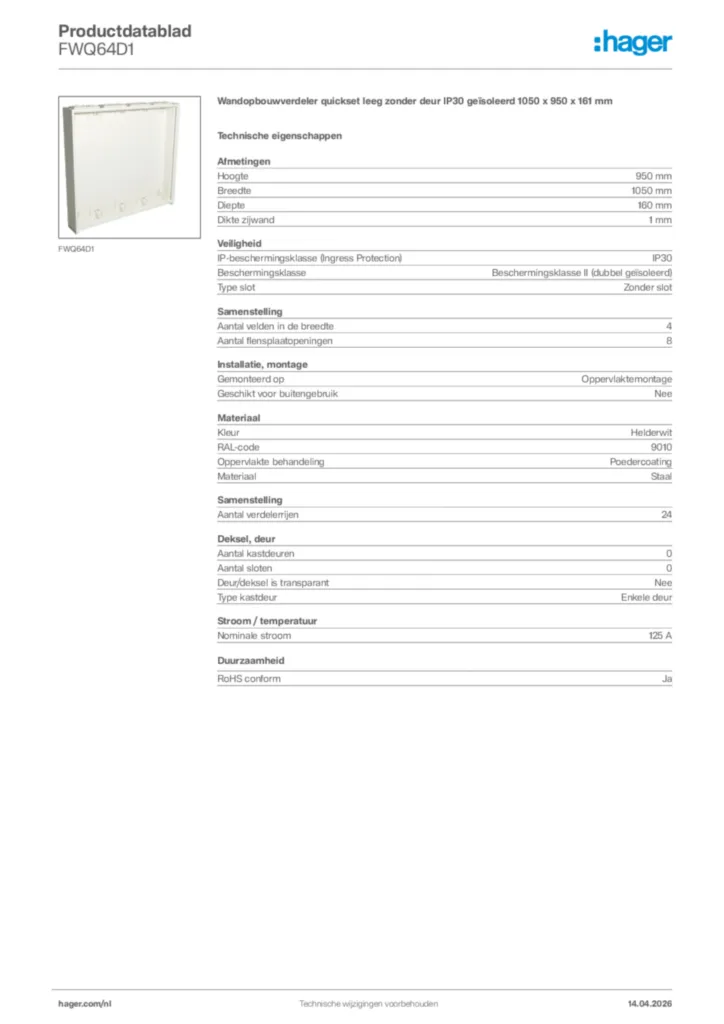 Afbeelding Hager Productdatablad FWQ64D1 | Hager Nederland