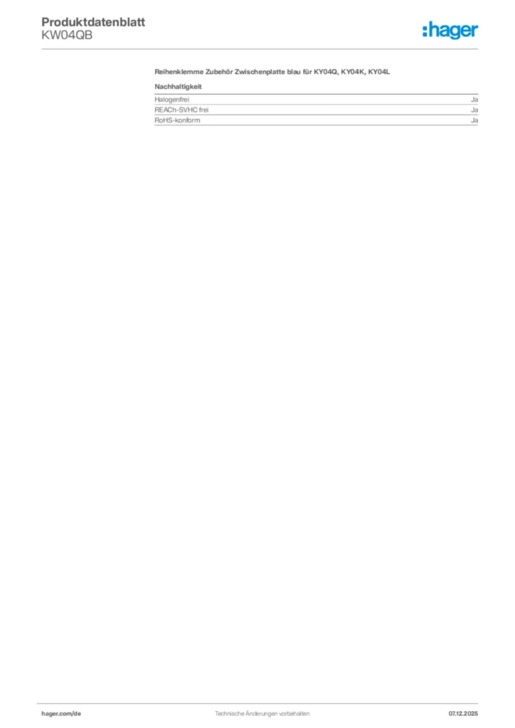 Bild Hager Produktdatenblatt KW04QB | Hager Deutschland