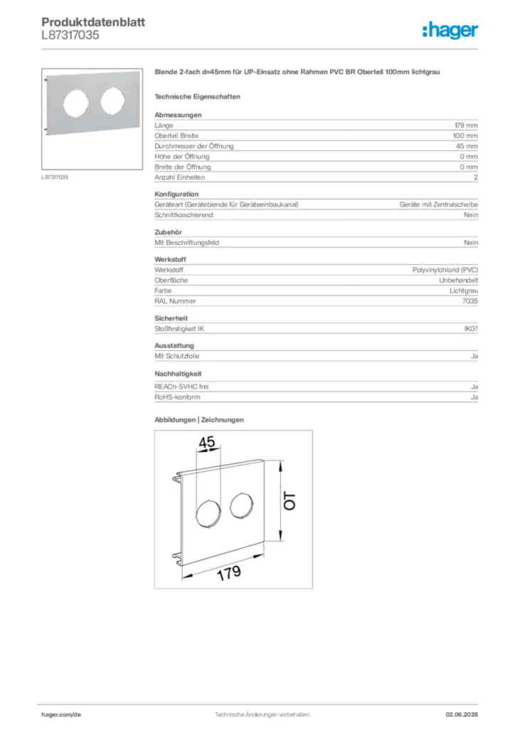 Bild Hager Produktdatenblatt L87317035 | Hager Deutschland