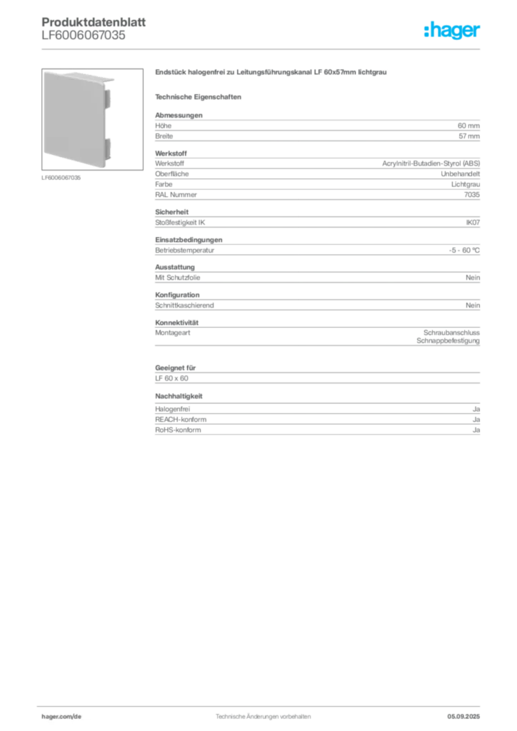 Bild Hager Produktdatenblatt LF6006067035 | Hager Deutschland