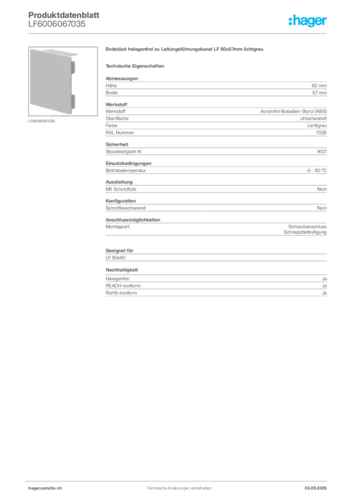 Bild Hager Produktdatenblatt LF6006067035 | Hager Schweiz