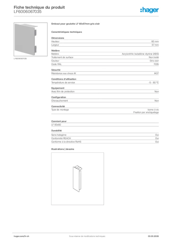 Image Hager Fiche technique du produit LF6006067035 | Hager Suisse