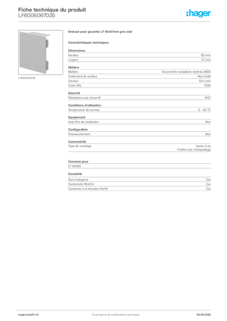 Image Hager Fiche technique du produit LF6006067035 | Hager Suisse